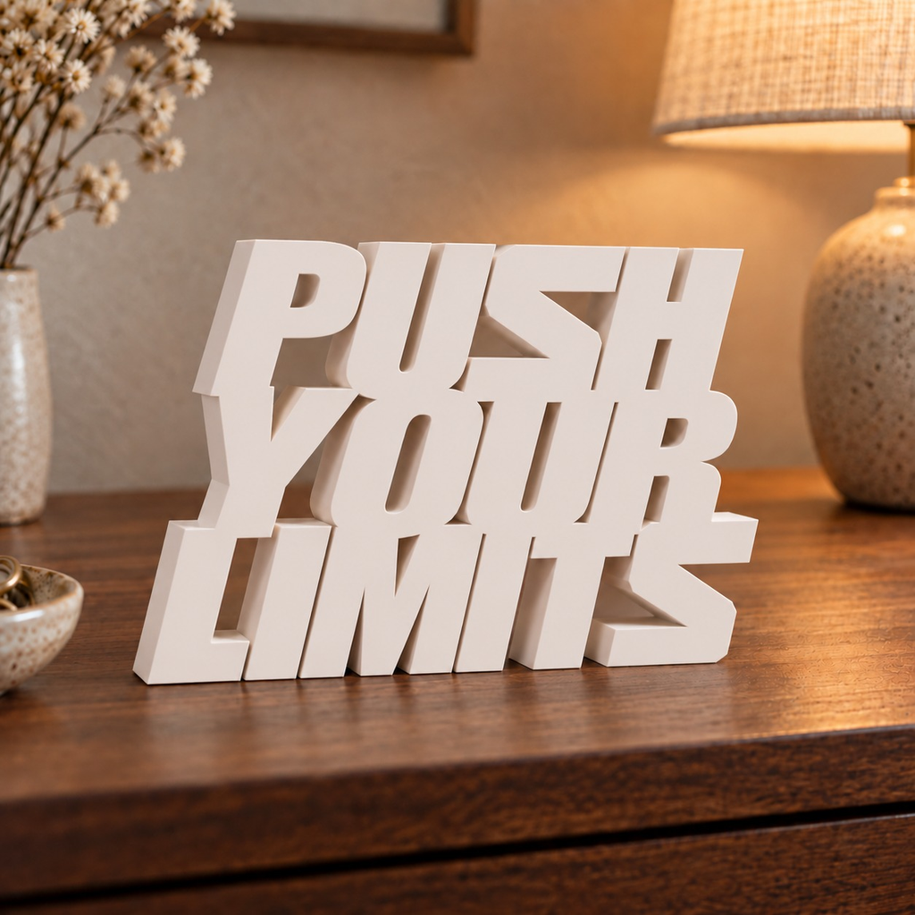 Push Your Limits desk letters in Ivory in a home setting