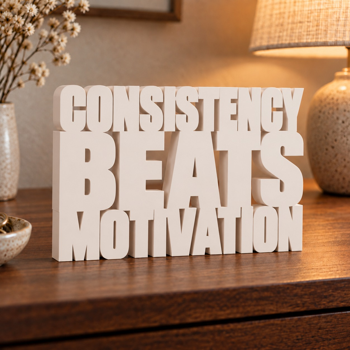 Consistency Beats Motivation desk letters in Ivory in a home setting