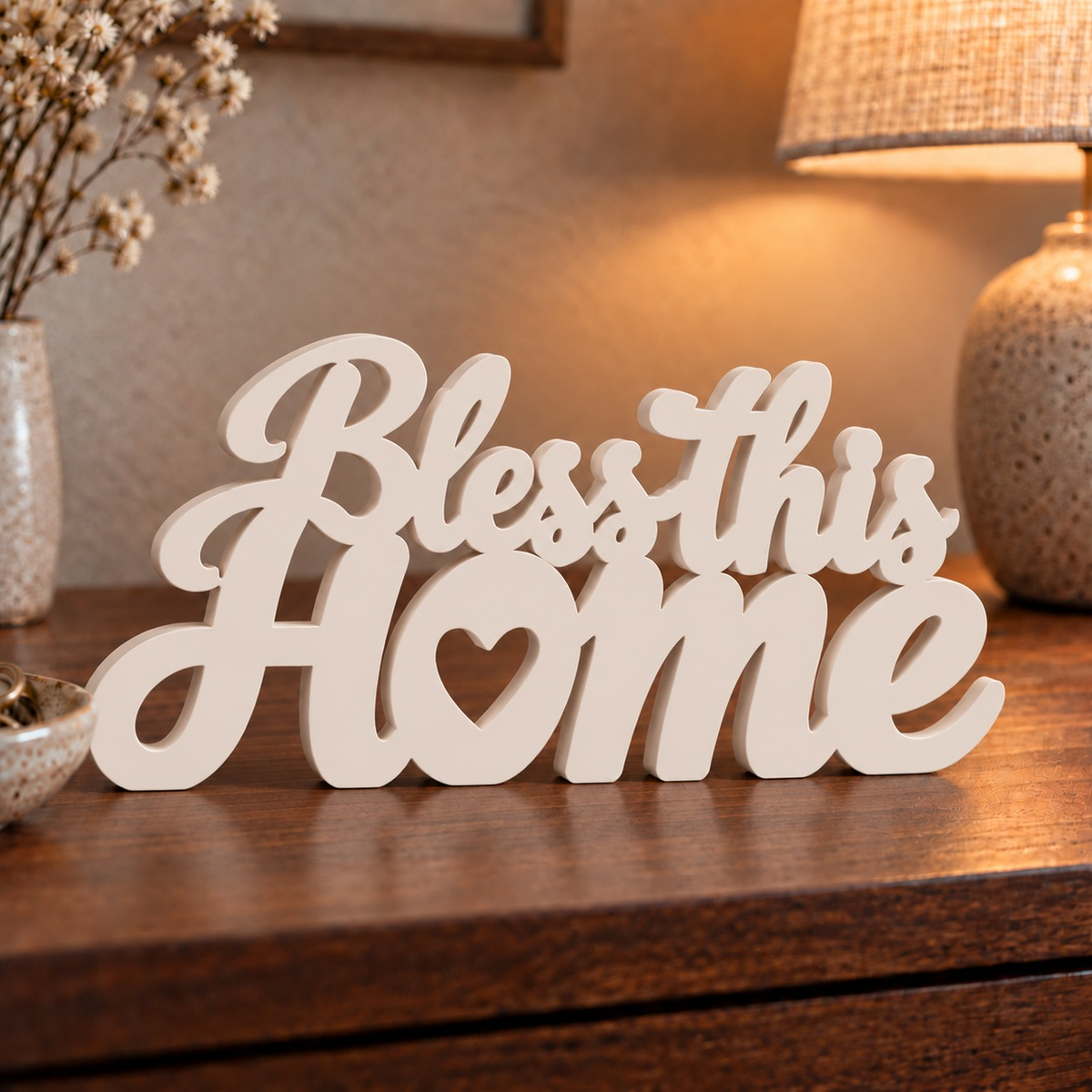 Bless This Home desk letters in Ivory in a home setting