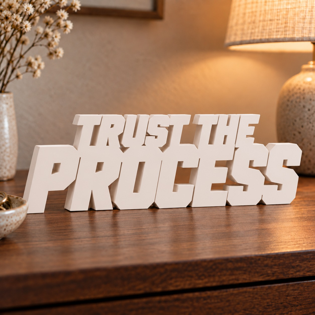 Trust the Process desk letters in Ivory in a home setting