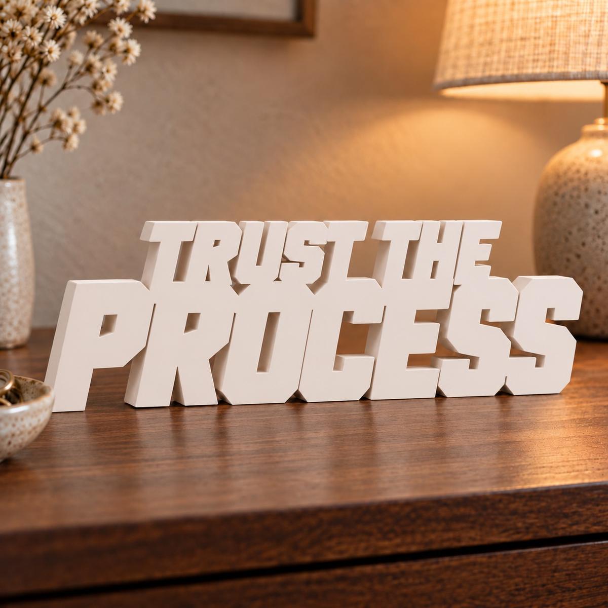 Trust the Process desk letters in Ivory in a home setting