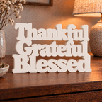 Thankful Grateful Blessed desk letters in Ivory in a home setting