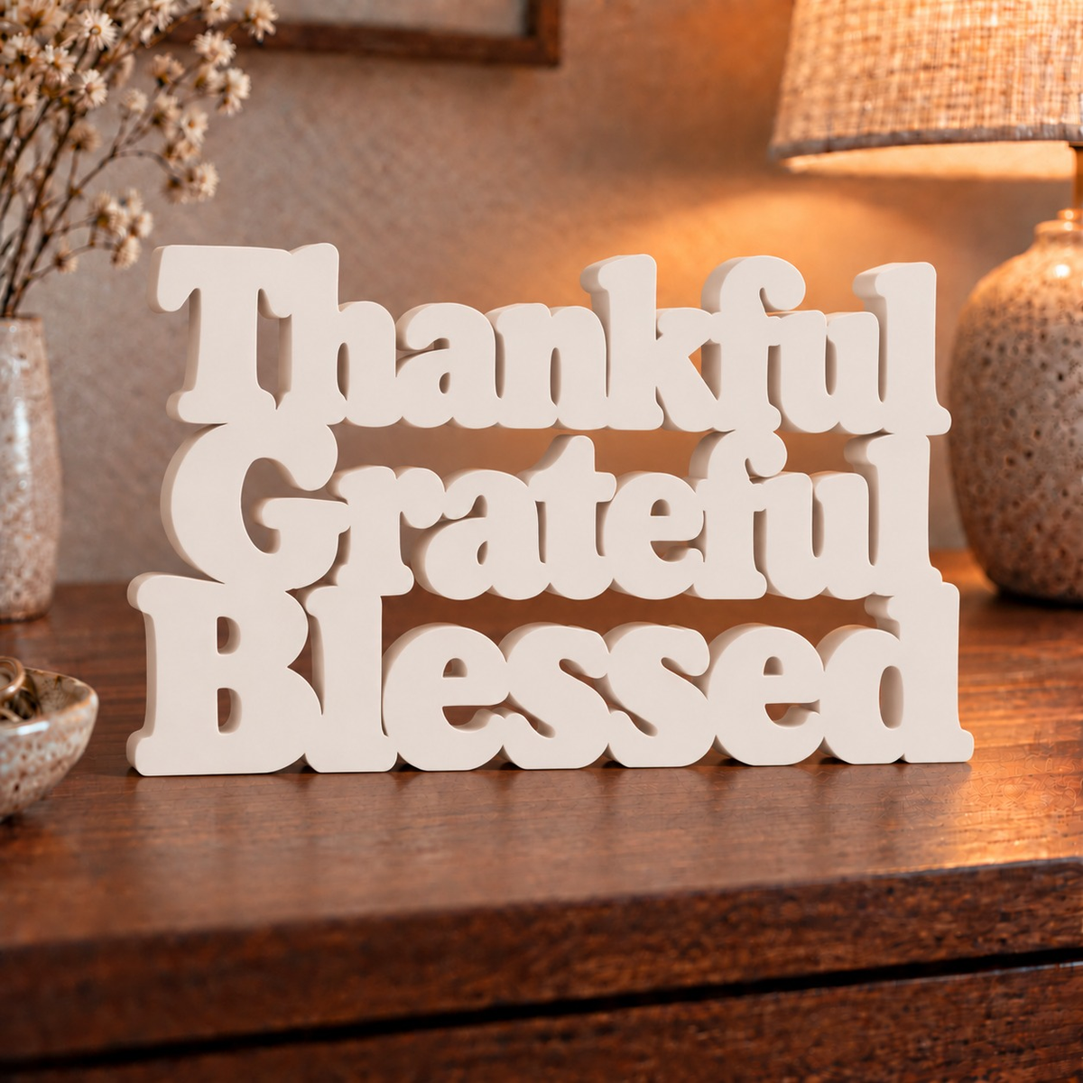 Thankful Grateful Blessed desk letters in Ivory in a home setting