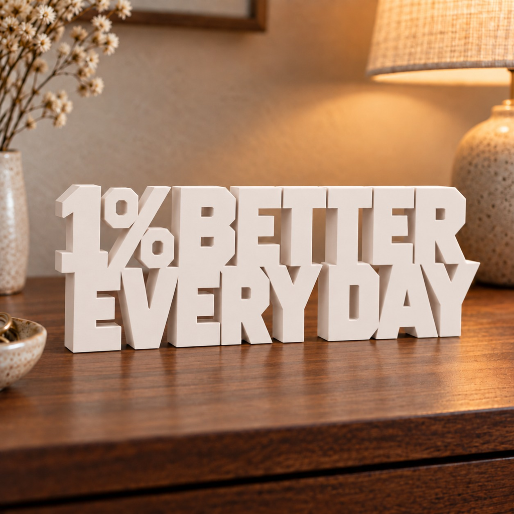 1% Better Every Day desk letters in Ivory in a home setting