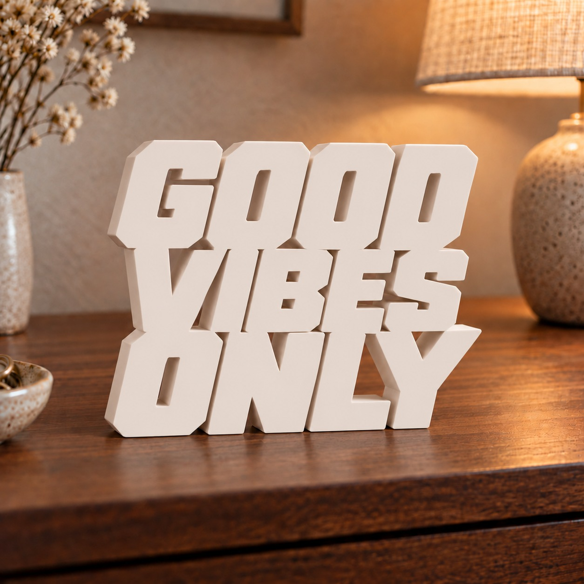 Good Vibes Only desk letters in Ivory in a home setting