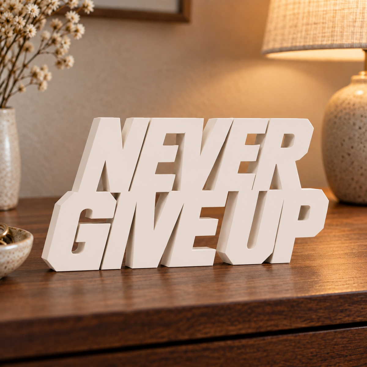 Never Give Up desk letters in Ivory in a home setting