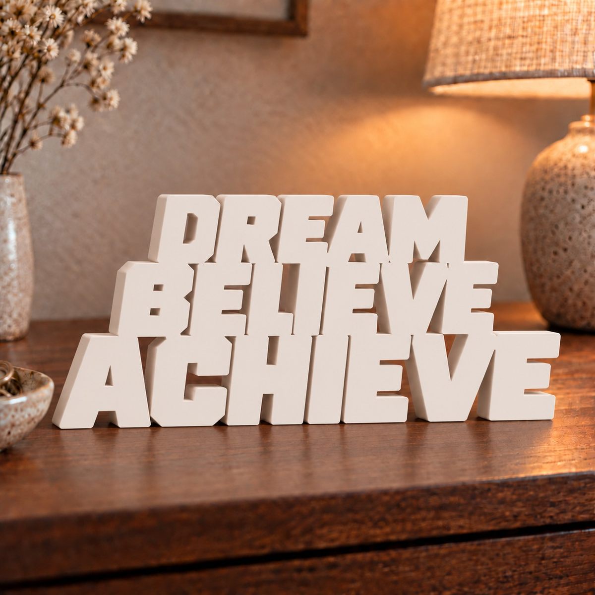 Dream Believe Achieve desk letters in Ivory in a home setting