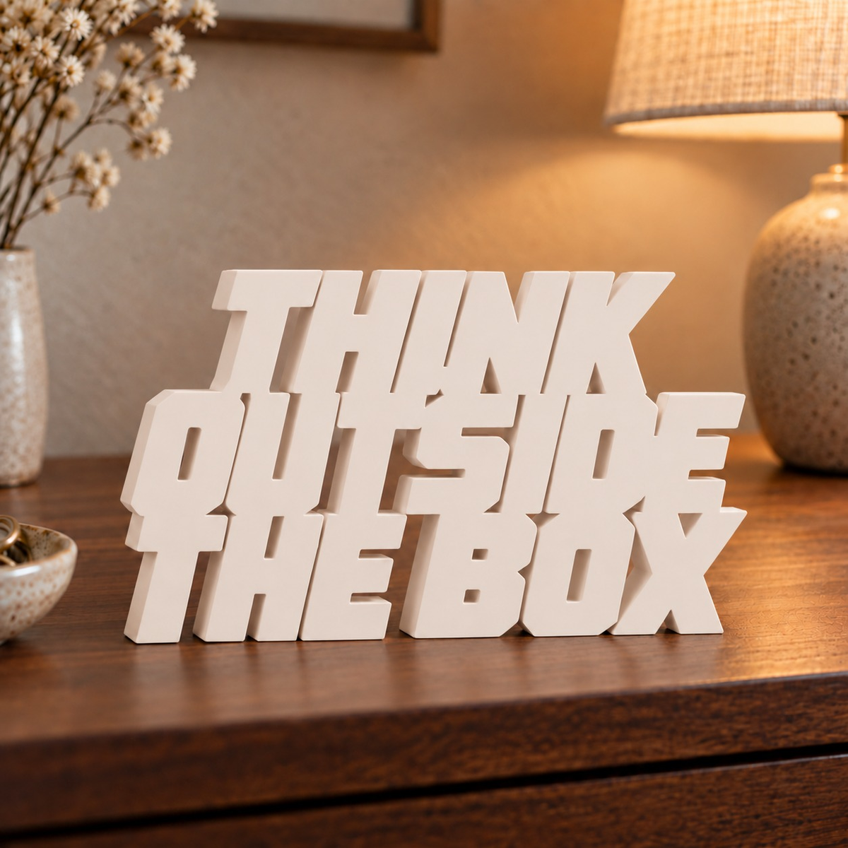 Think Outside the Box desk letters in Ivory in a home setting