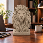 CONQR ribbed base lion head desk sculpture in Sandstorm on a walnut desk