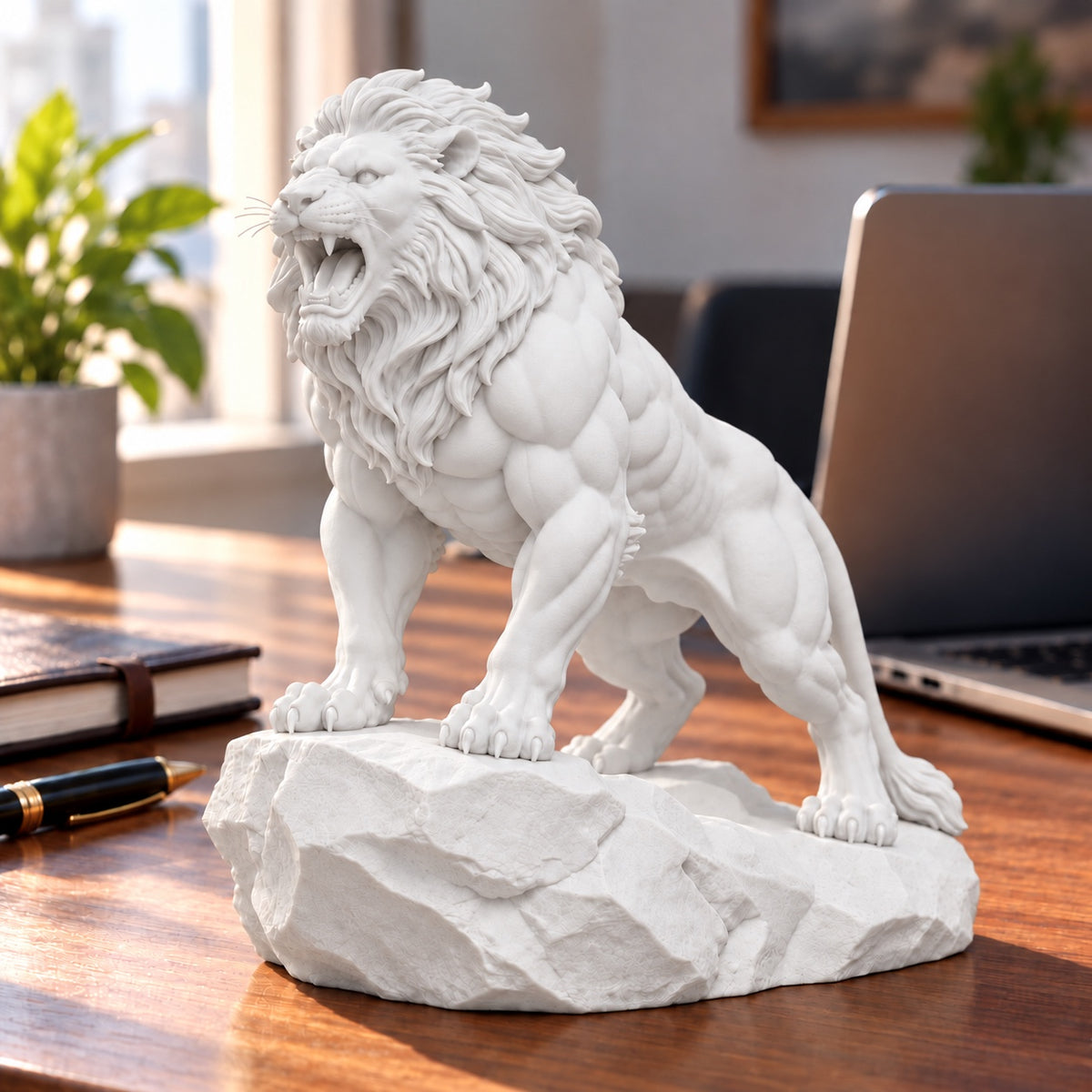 CONQR Roaring Lion desk statue in White, tail resting on the rock, on an office desk
