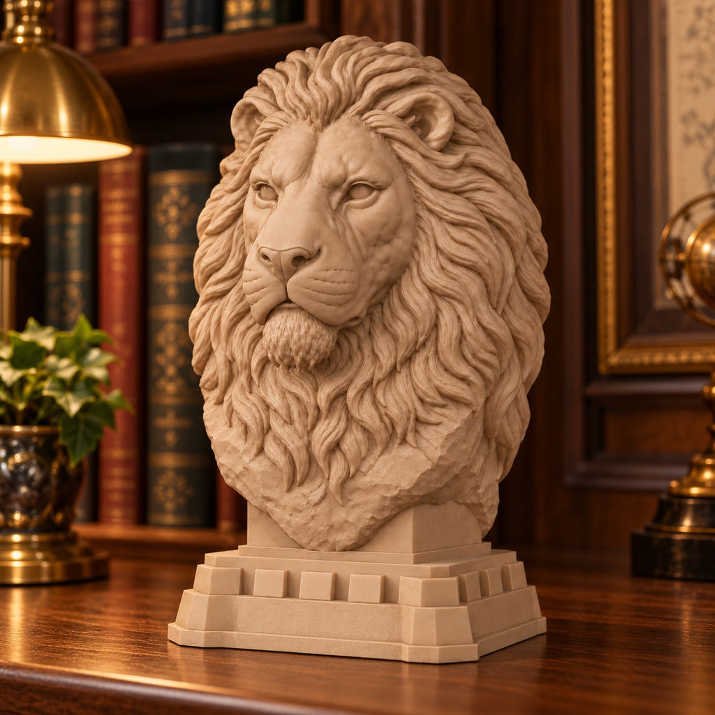CONQR Regal Lion head desk sculpture on a library desk