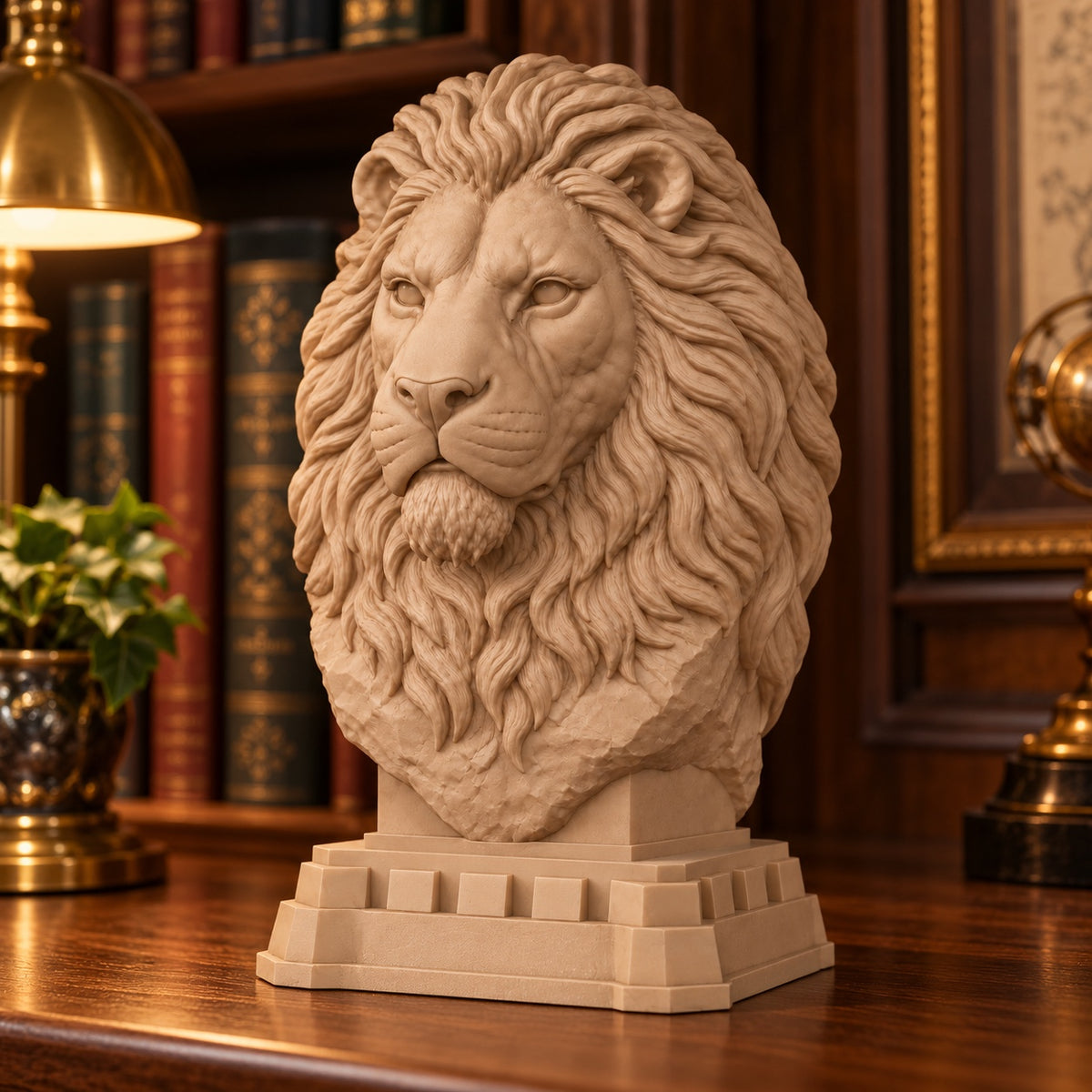 CONQR Regal Lion head desk sculpture on a library desk