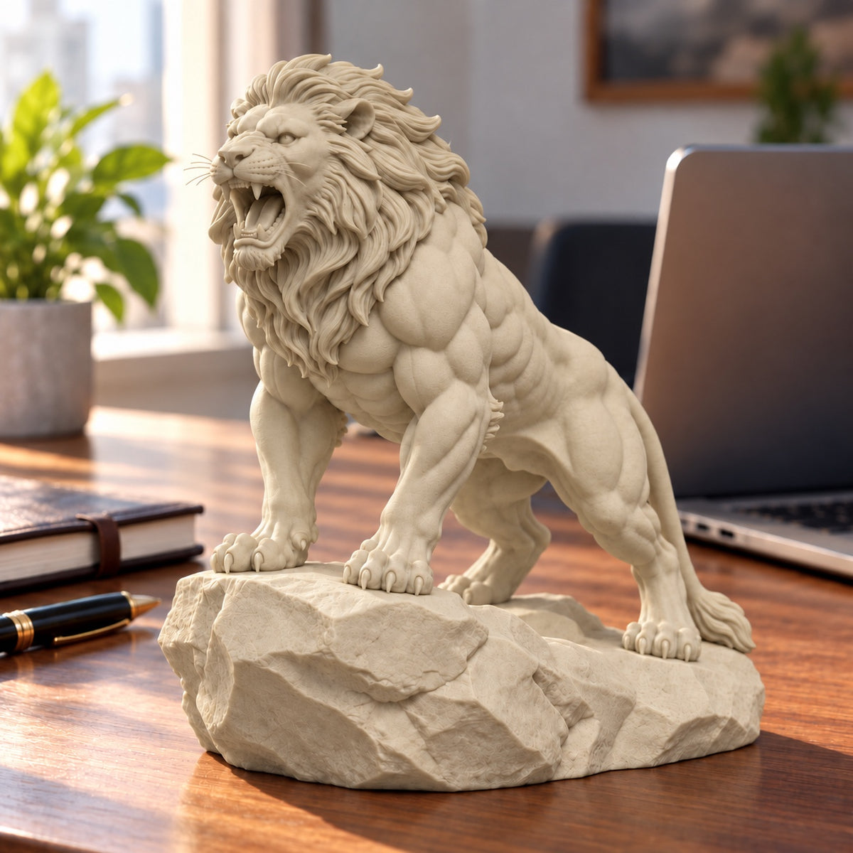 CONQR Roaring Lion desk statue in Warm Beige, tail resting on the rock, on an office desk
