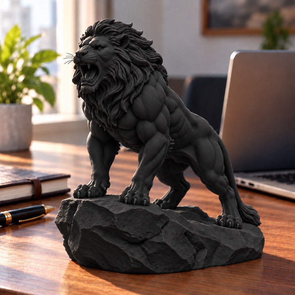 CONQR Roaring Lion desk statue in Black, tail resting on the rock, on an office desk