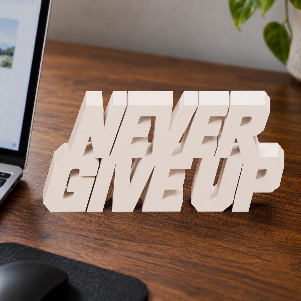 Never Give Up desk letters in Ivory on an office desk