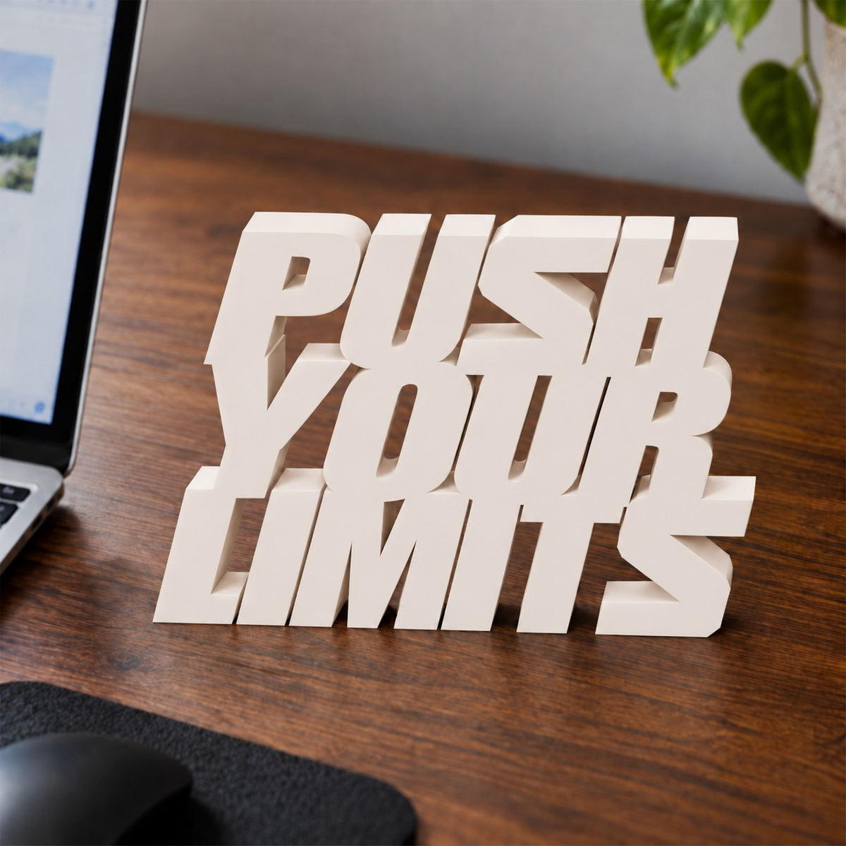 Push Your Limits desk letters in Ivory on an office desk