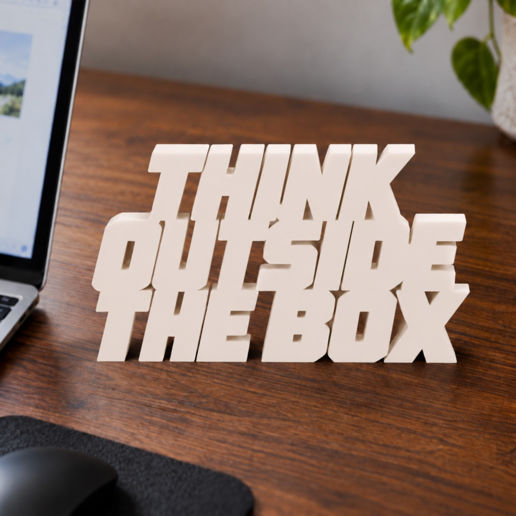 Think Outside the Box desk letters in Ivory on an office desk