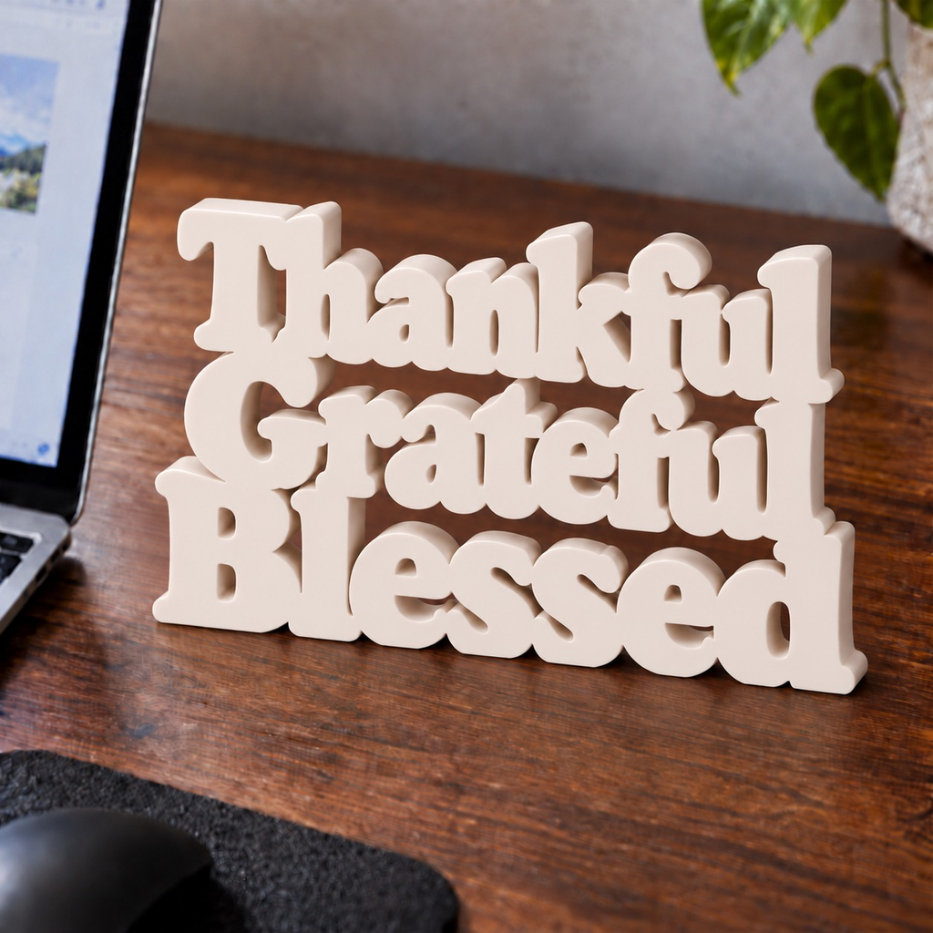Thankful Grateful Blessed desk letters in Ivory on an office desk