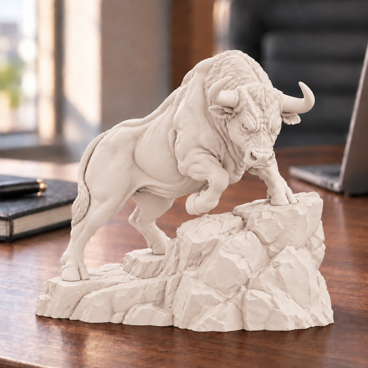 CONQR Raging Bull desk statue in Warm Beige on an office desk