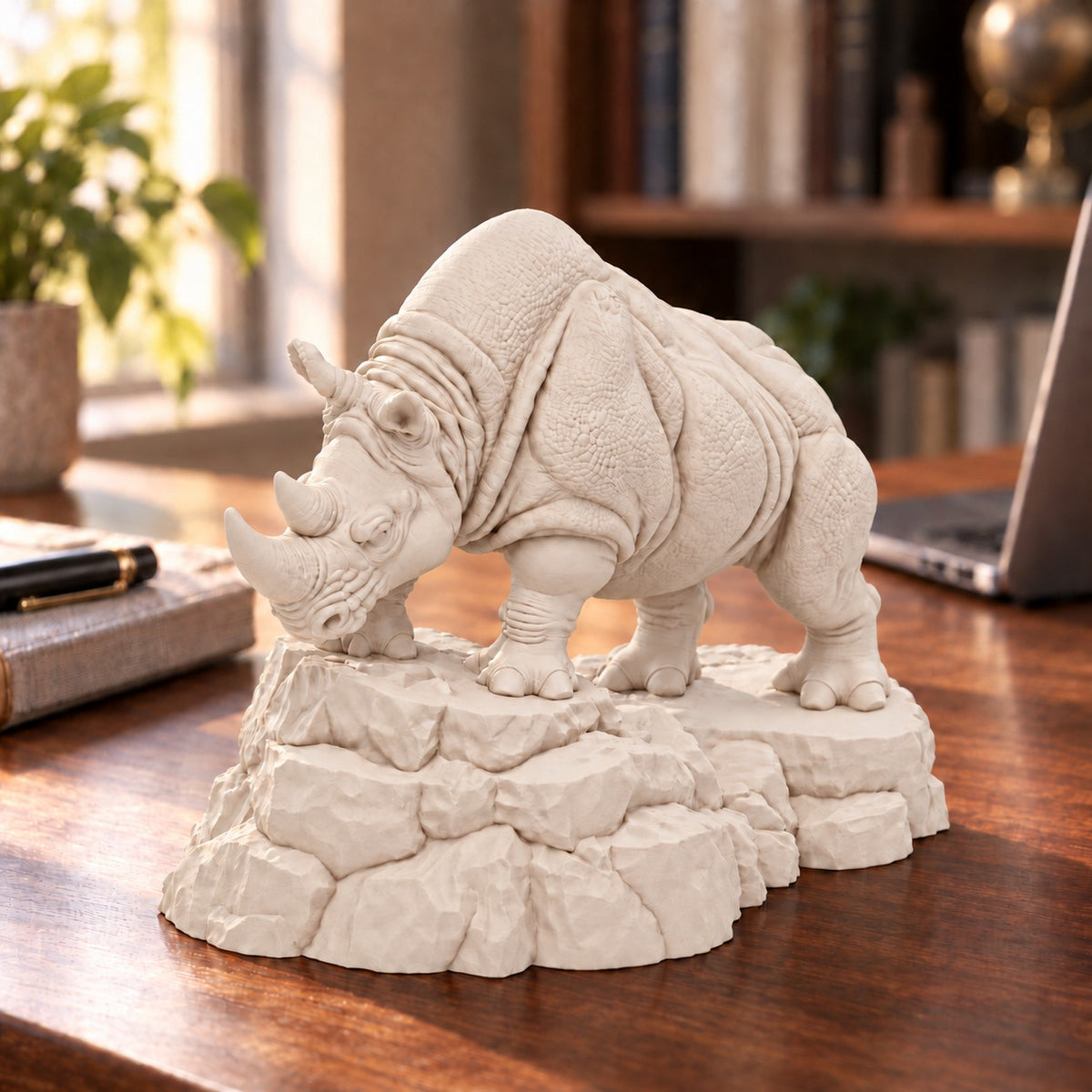 CONQR Charging Rhino desk statue in Warm Beige on a warm wooden desk