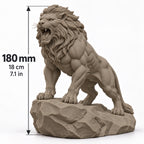 CONQR Roaring Lion desk statue in Sandstorm, tail resting on the rock, size guide, 18 cm (7.1 inch) tall