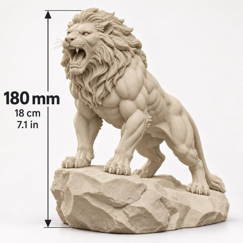 CONQR Roaring Lion desk statue in Warm Beige, tail resting on the rock, size guide, 18 cm (7.1 inch) tall