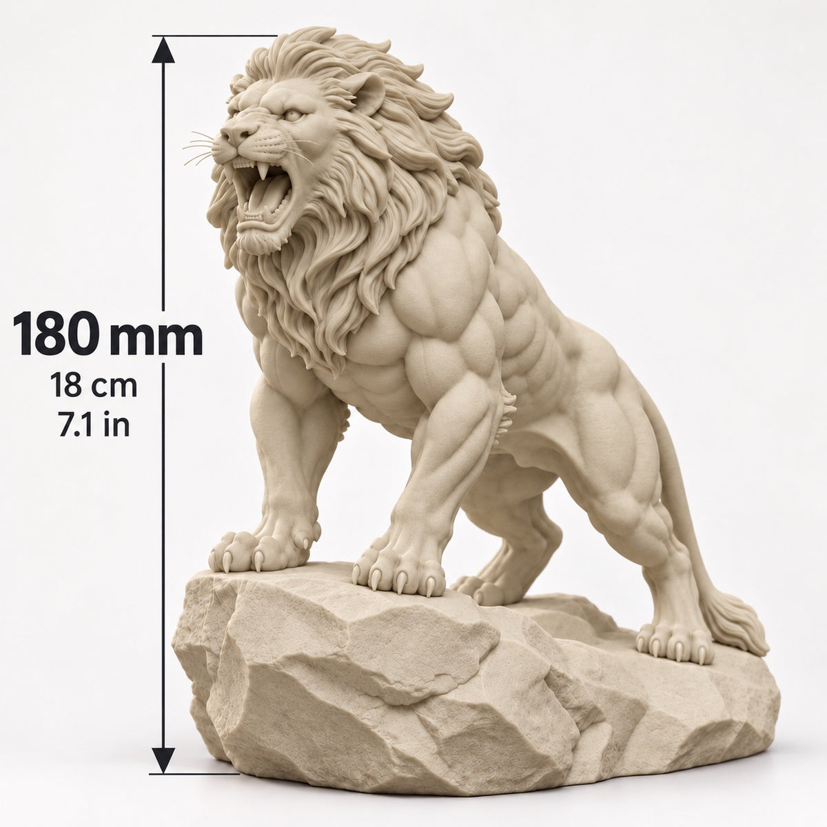 CONQR Roaring Lion desk statue in Warm Beige, tail resting on the rock, size guide, 18 cm (7.1 inch) tall
