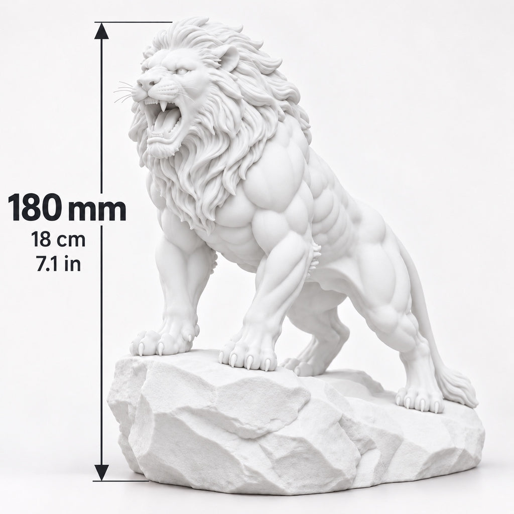 CONQR Roaring Lion desk statue in White, tail resting on the rock, size guide, 18 cm (7.1 inch) tall