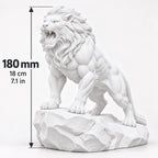 CONQR Roaring Lion desk statue in White, tail resting on the rock, size guide, 18 cm (7.1 inch) tall