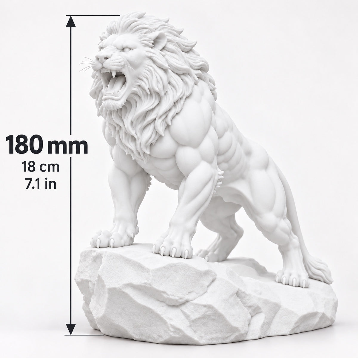 CONQR Roaring Lion desk statue in White, tail resting on the rock, size guide, 18 cm (7.1 inch) tall