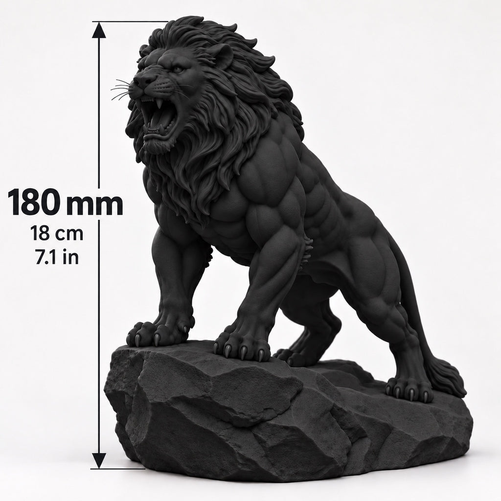 CONQR Roaring Lion desk statue in Black, tail resting on the rock, size guide, 18 cm (7.1 inch) tall