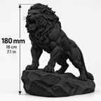 CONQR Roaring Lion desk statue in Black, tail resting on the rock, size guide, 18 cm (7.1 inch) tall
