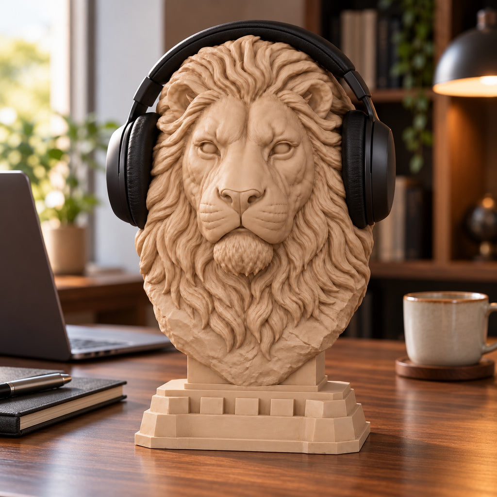 Regal Lion headphone stand with headphones on a walnut desk