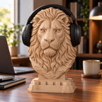Regal Lion headphone stand with headphones on a walnut desk