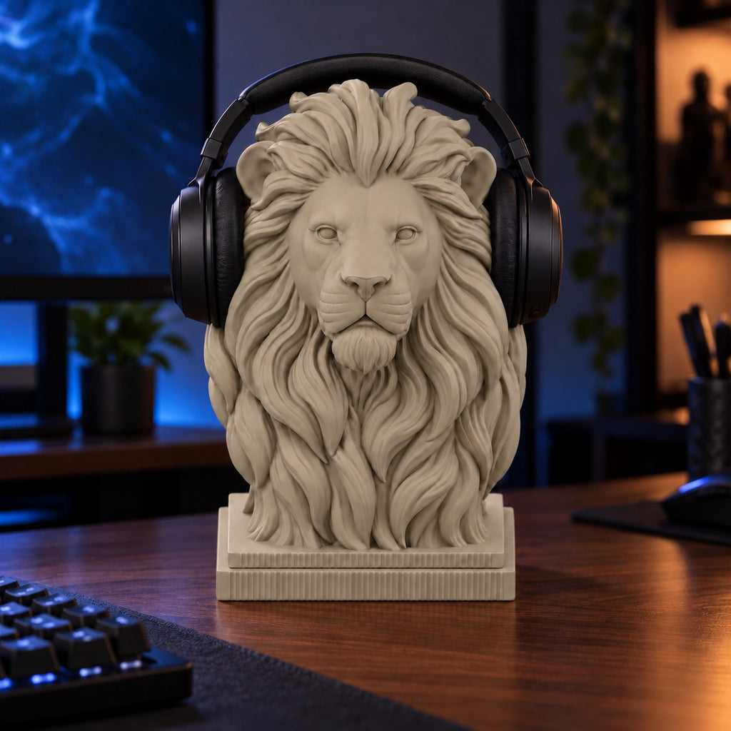 Ribbed base lion headphone stand with headphones on a gaming desk
