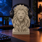 Ribbed base lion headphone stand with headphones on a gaming desk