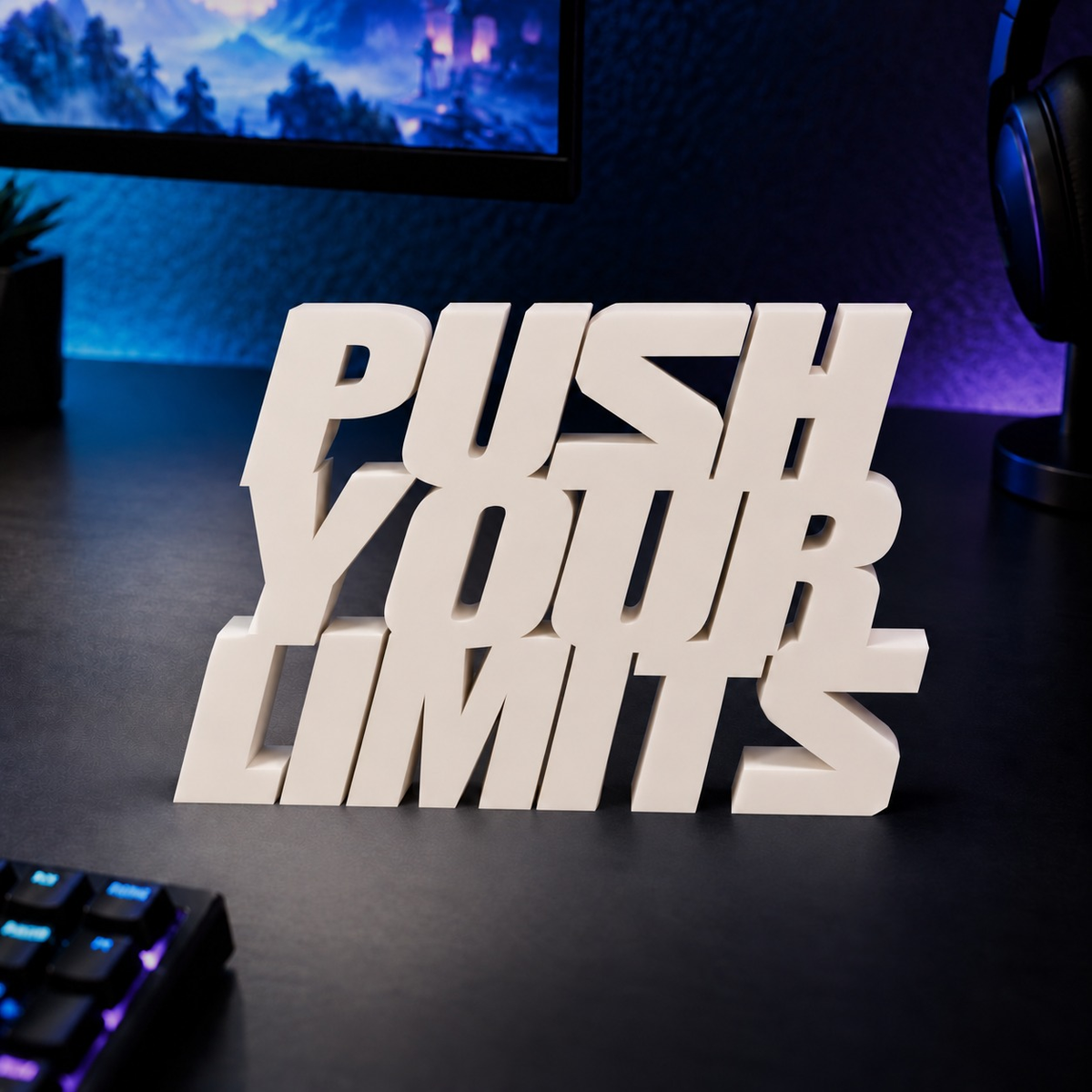 Push Your Limits desk letters in Ivory on a gaming desk