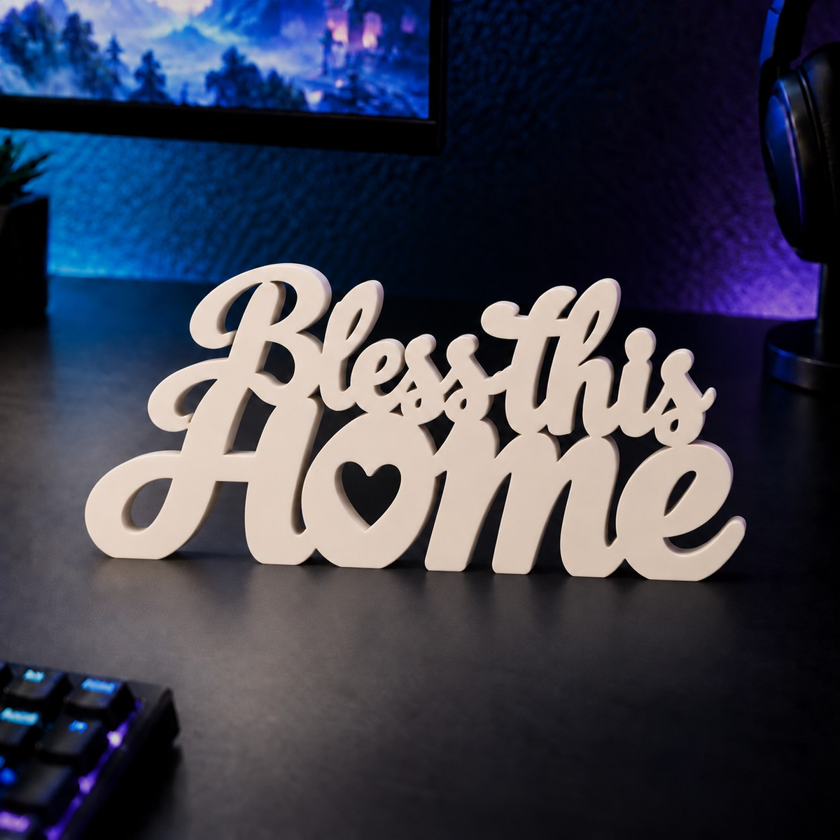 Bless This Home desk letters in Ivory on a gaming desk