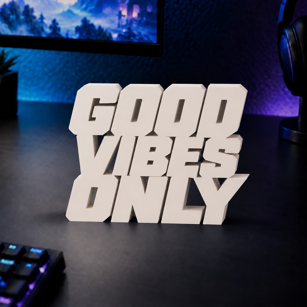 Good Vibes Only desk letters in Ivory on a gaming desk