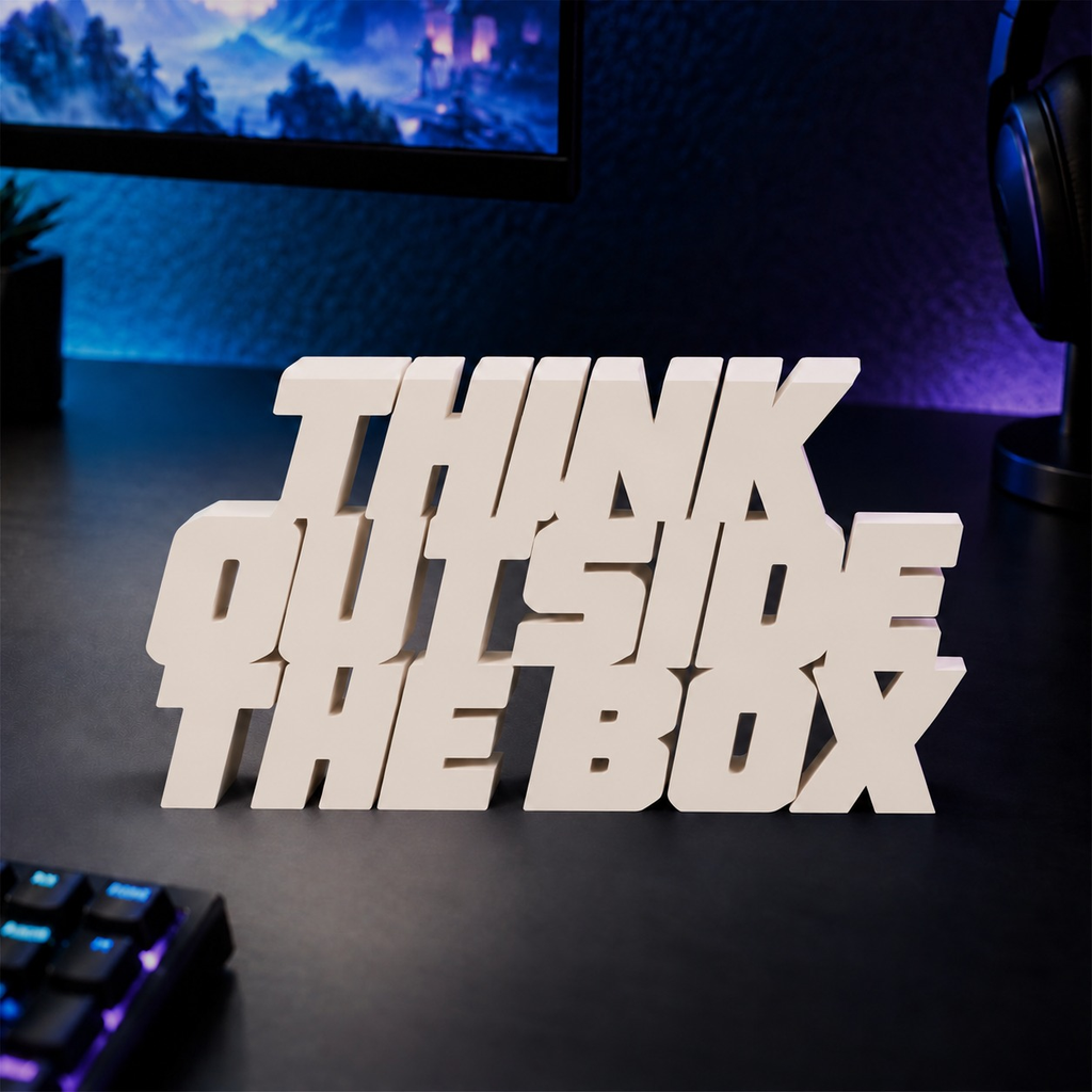 Think Outside the Box desk letters in Ivory on a gaming desk