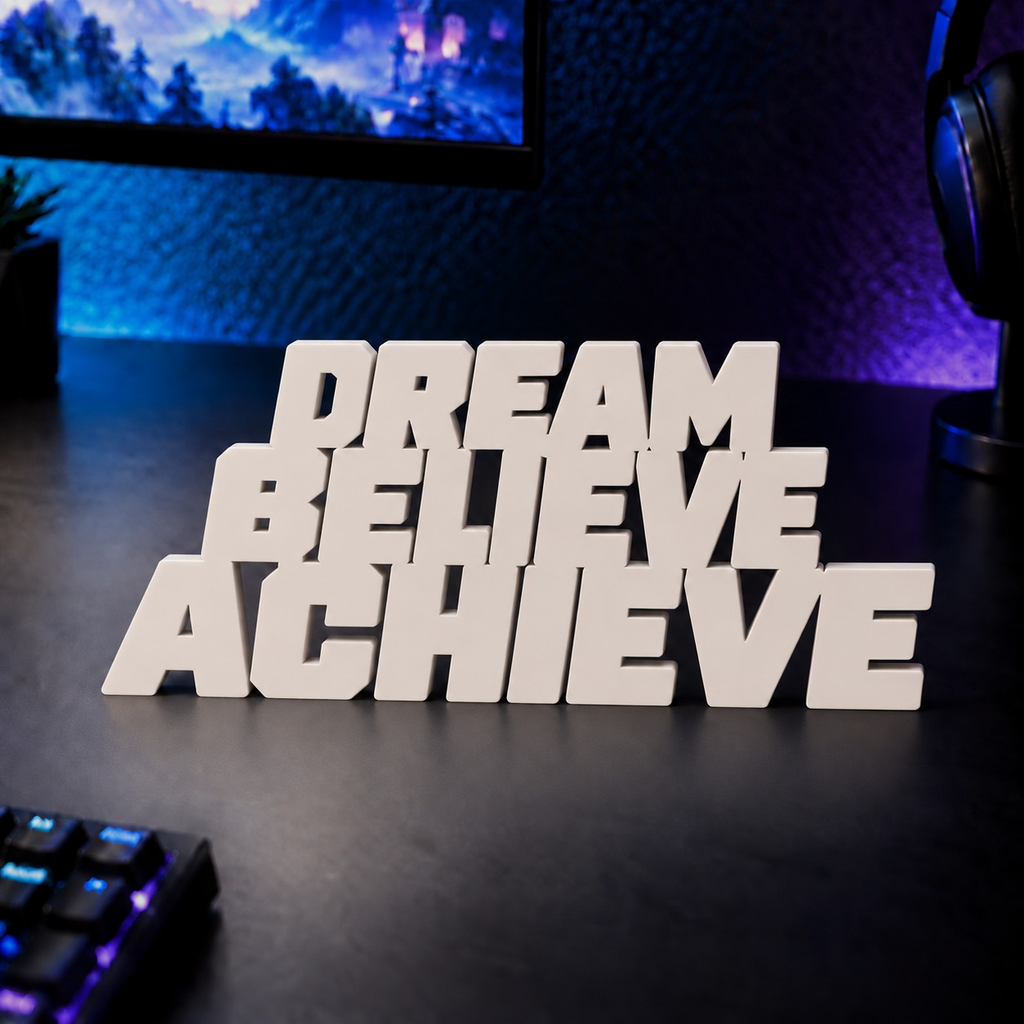Dream Believe Achieve desk letters in Ivory on a gaming desk