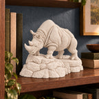 Charging Rhino statue Warm Beige on a bookshelf