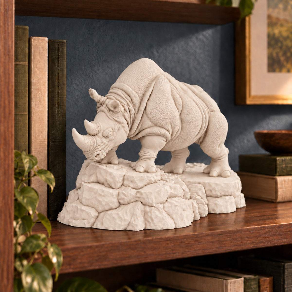 Charging Rhino statue Warm Beige on a bookshelf