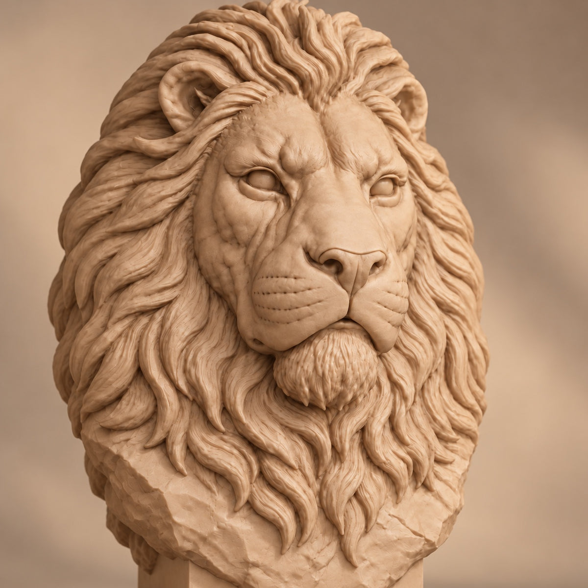 Close-up of the carved lion mane and face