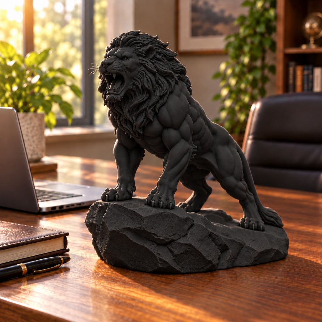 CONQR Roaring Lion desk statue in Black, tail resting on the rock, on a wide office desk