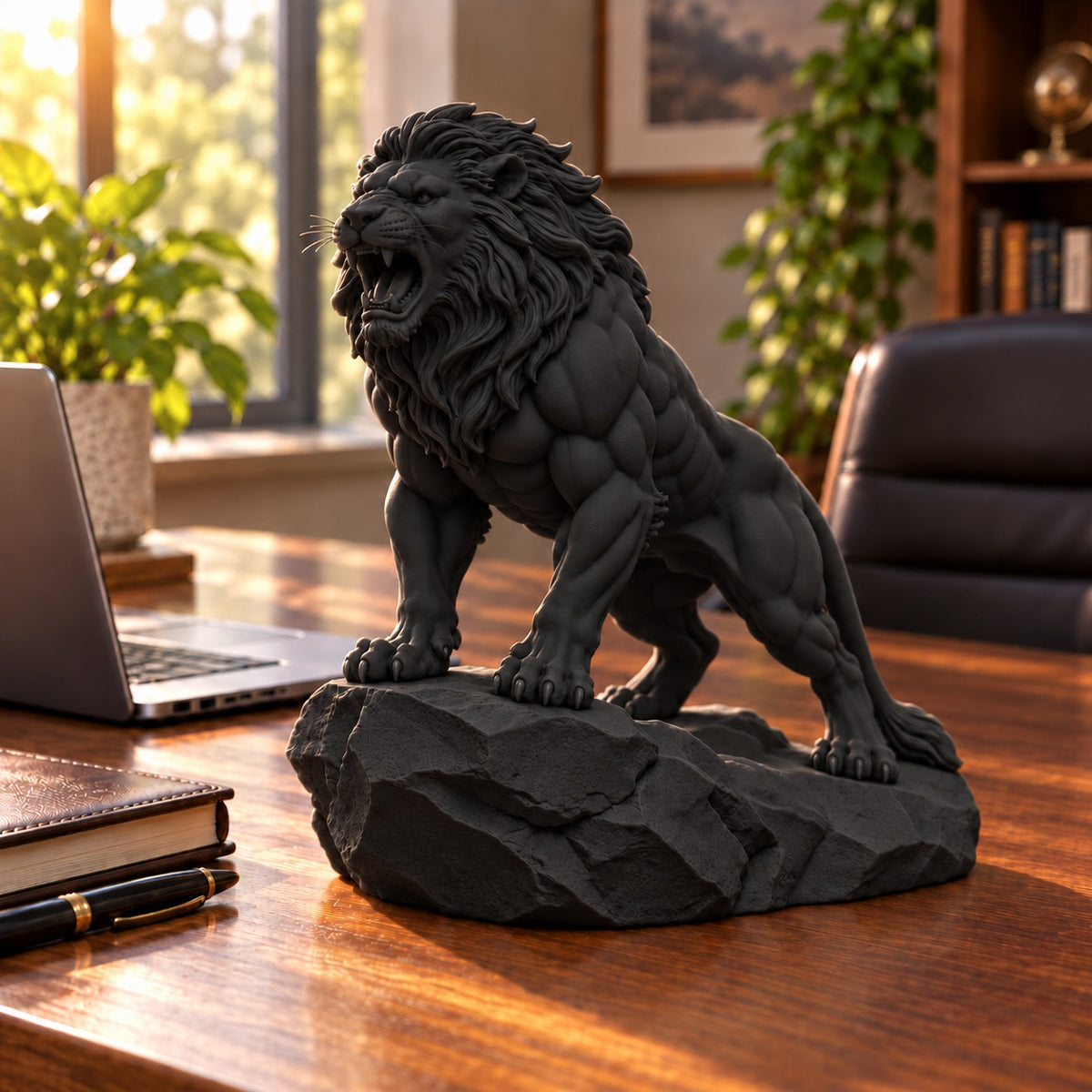 CONQR Roaring Lion desk statue in Black, tail resting on the rock, on a wide office desk