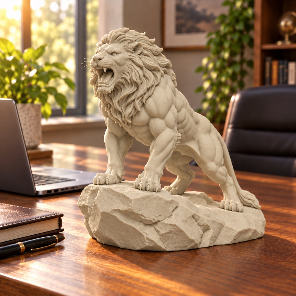 CONQR Roaring Lion desk statue in Warm Beige, tail resting on the rock, on a wide office desk
