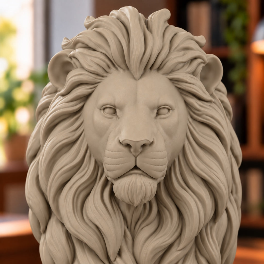 Close-up of the carved lion face and mane