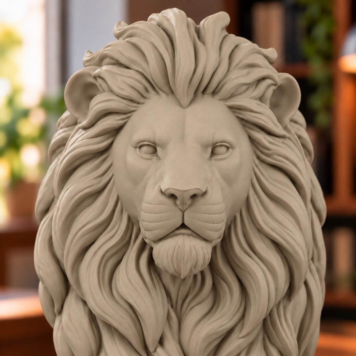 Close-up of the carved lion face and mane