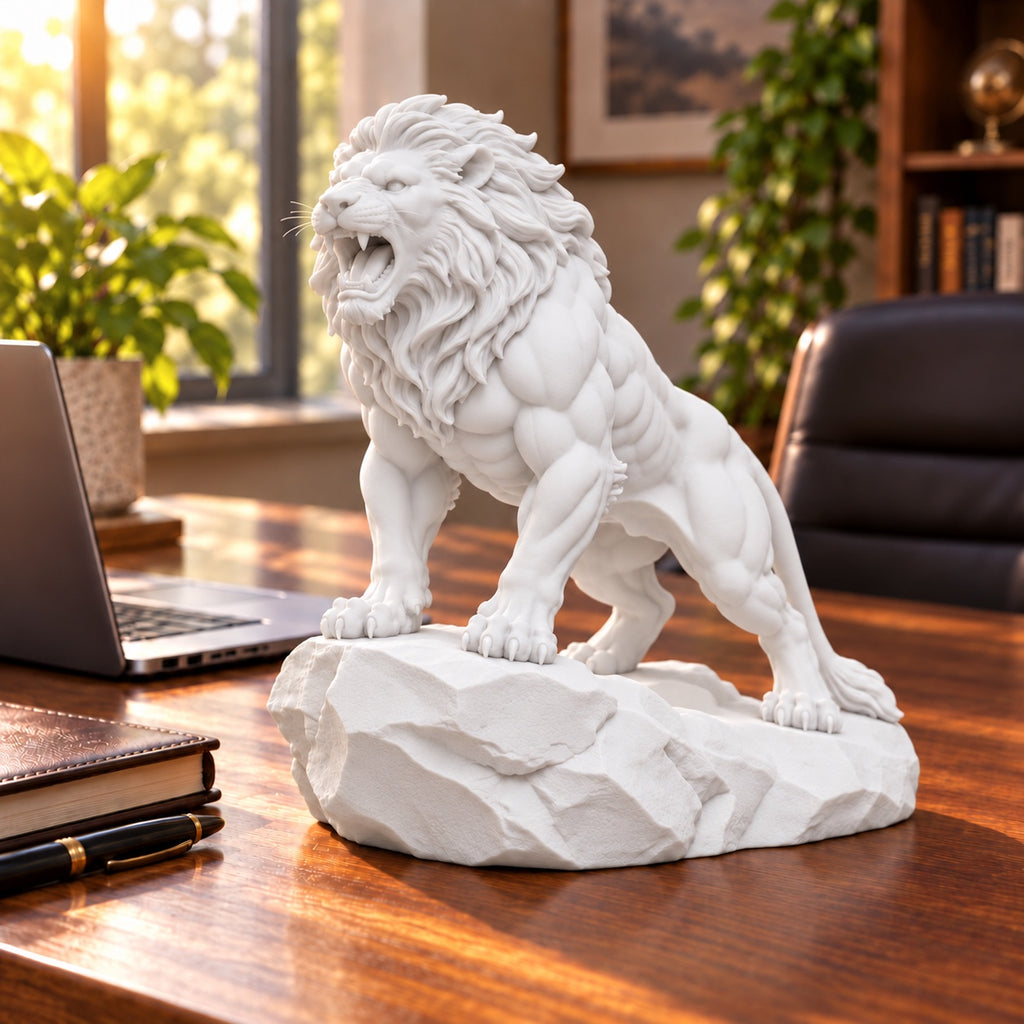 CONQR Roaring Lion desk statue in White, tail resting on the rock, on a wide office desk